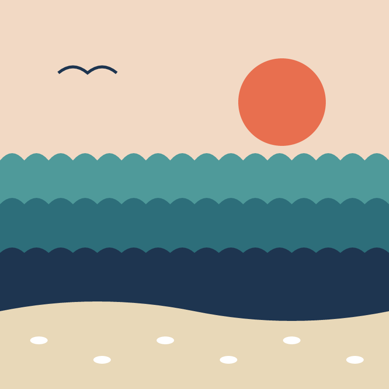 Coast: a coral sun over teal and navy waves and sand
